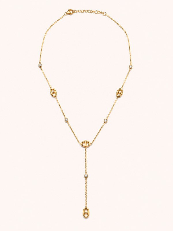 Collier en Y acier inoxydable doré à maillons marine et zircons — Baya OUAYS