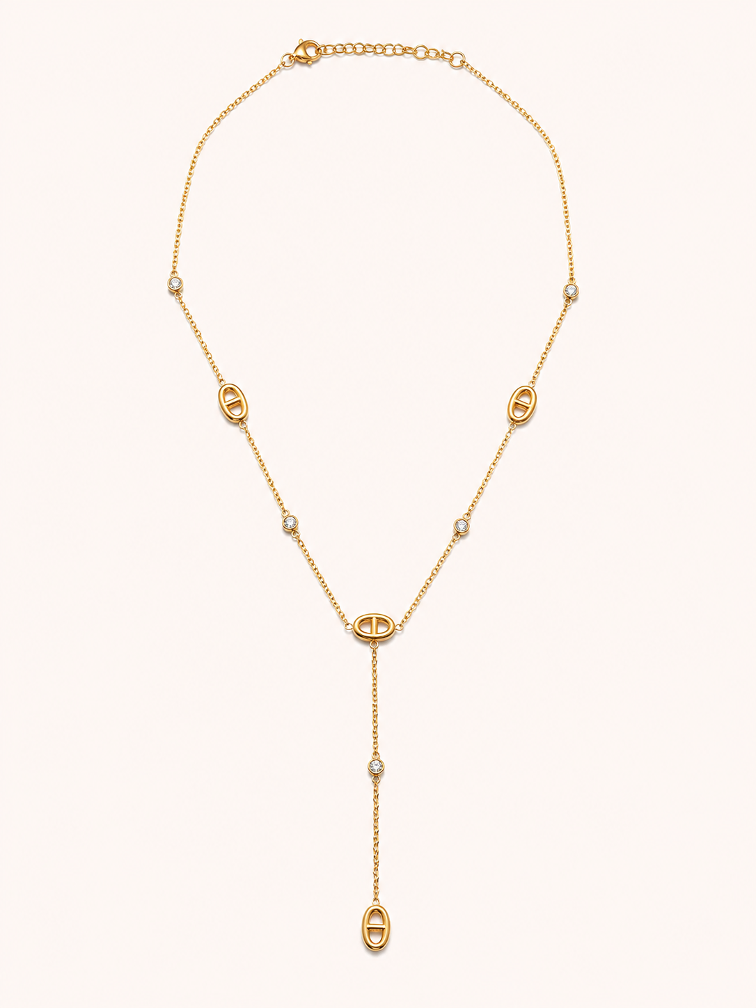Collier en Y acier inoxydable doré à maillons marine et zircons — Baya OUAYS