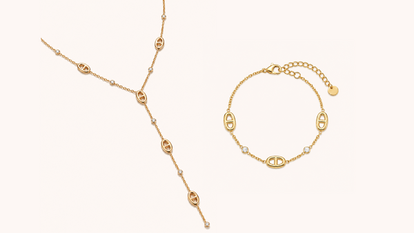 Parure Naya collier chute longue et bracelet en acier inoxydable doré à maillons marine — OUAYS